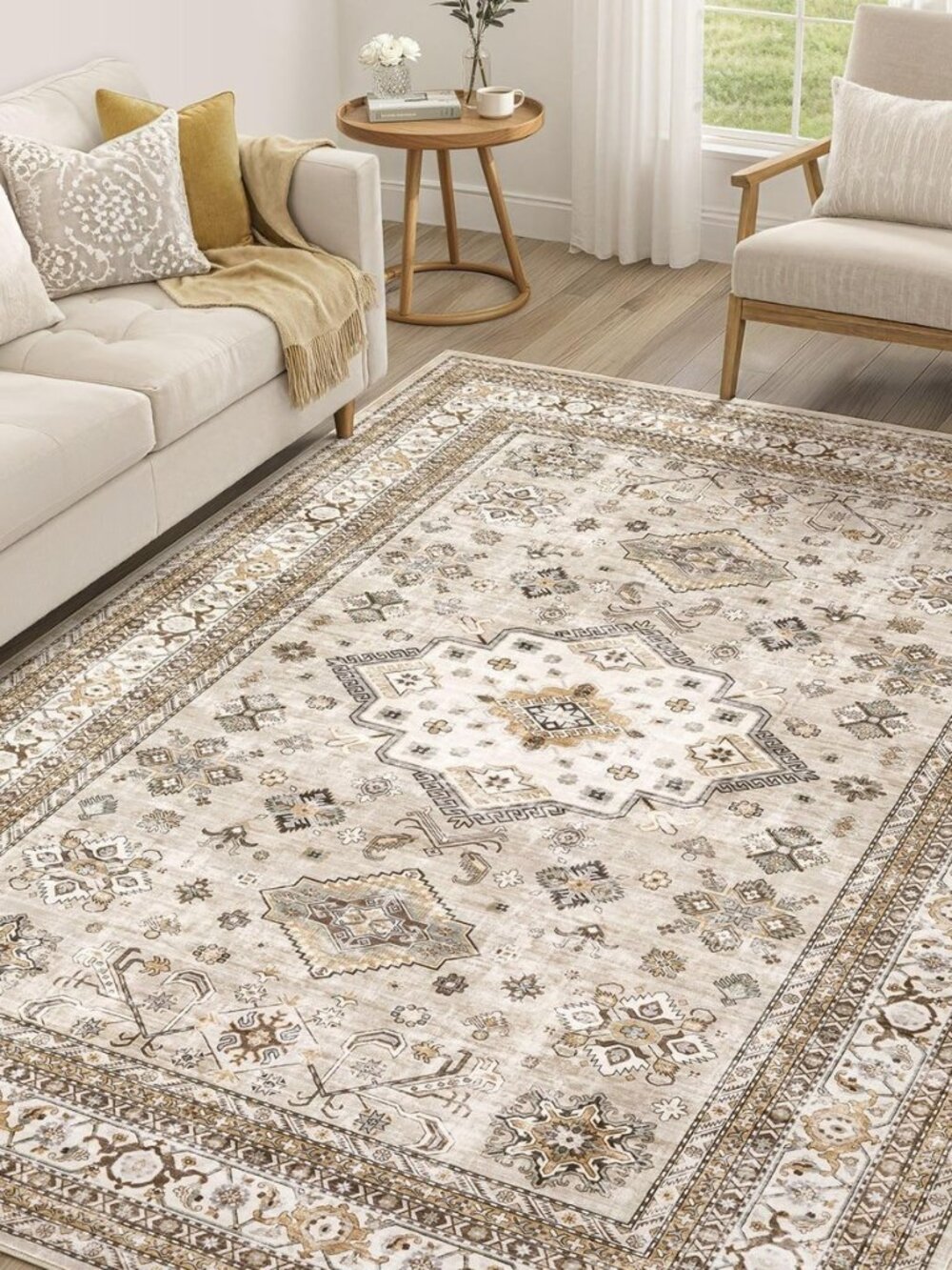 5x8 Area Rug for Living Room, Washable, Traditional, Beige